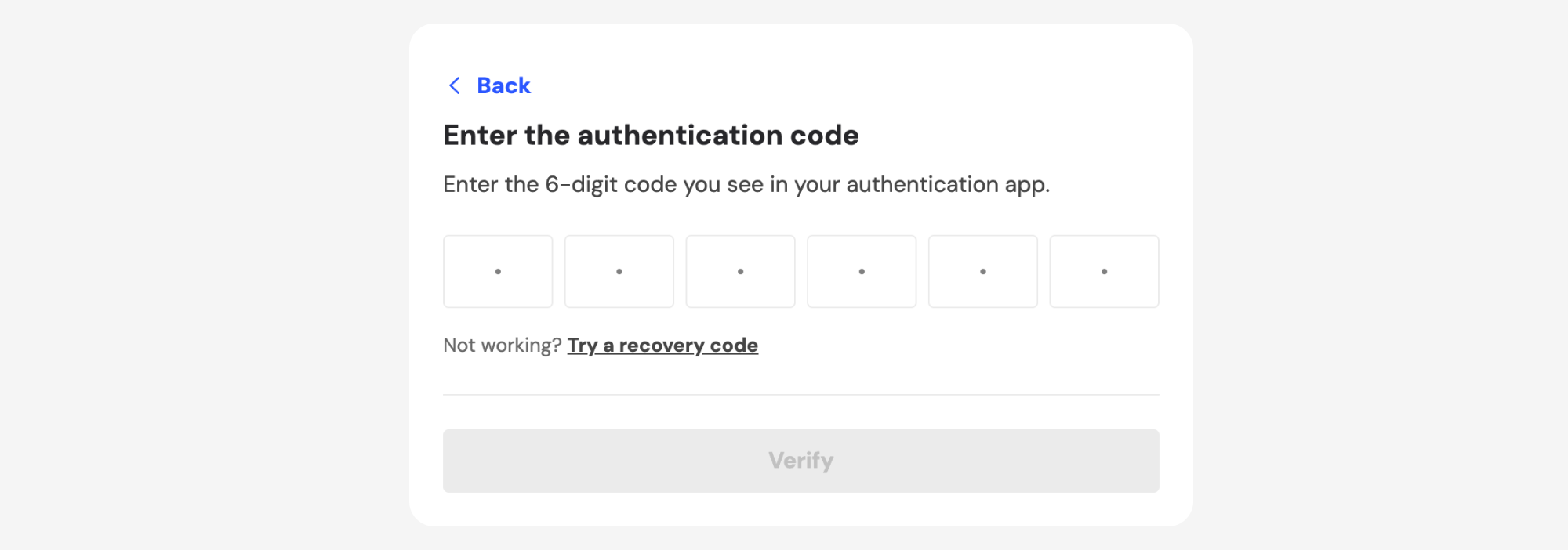 Enter the authentication code page with six-digit code fields
