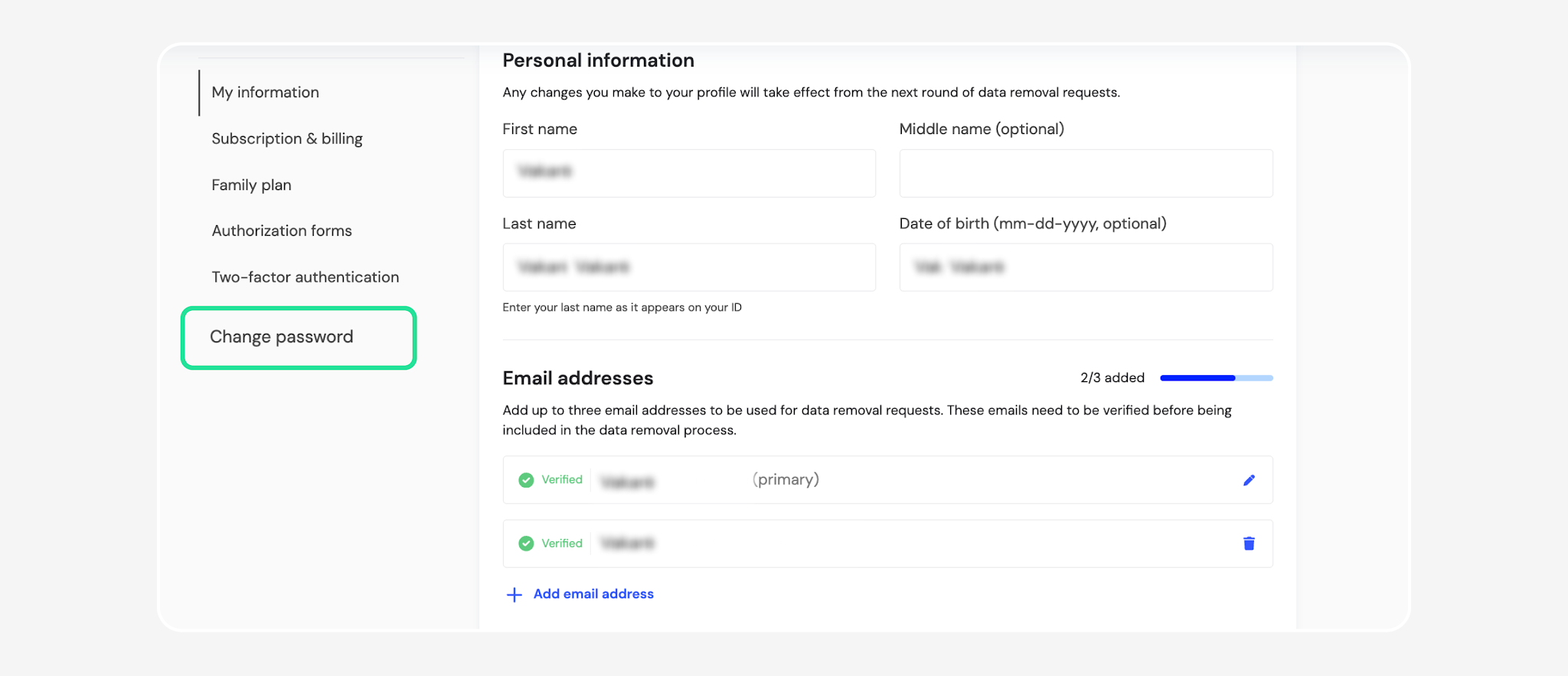 Profile personal information page with Change password highlighted