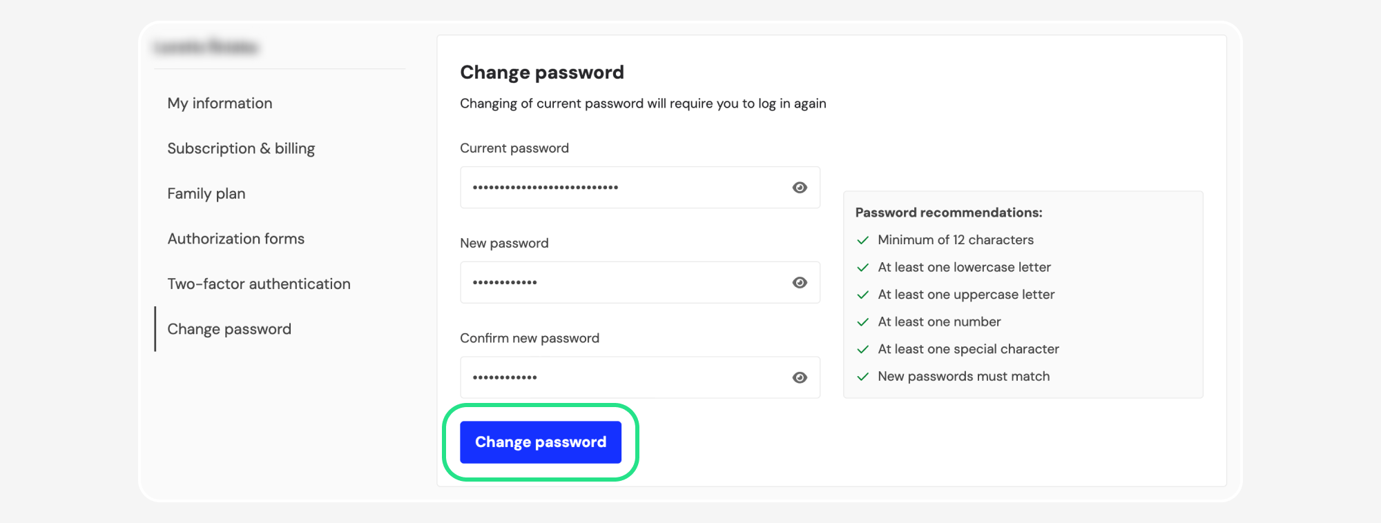 Change password form with Change password button highlighted