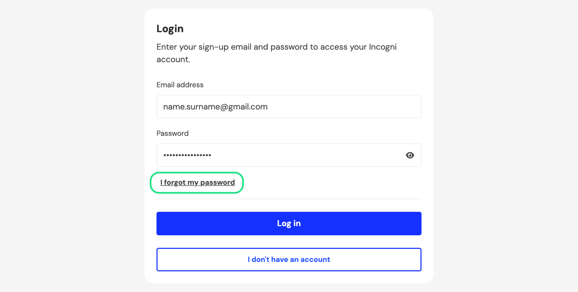 Incogni login page with I forgot my password highlighted