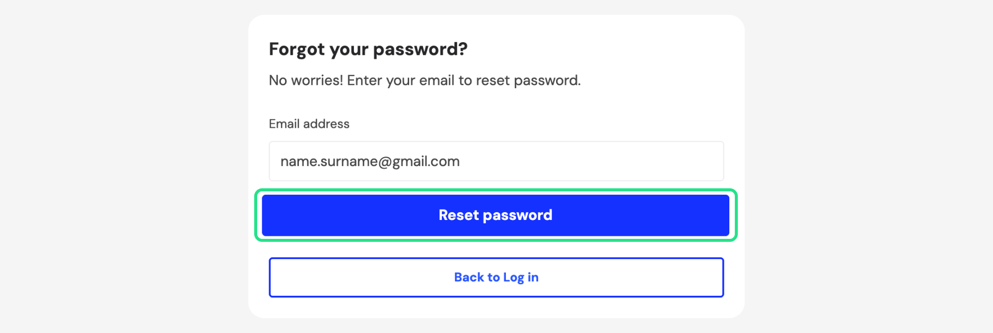 Forgot your password page with Reset password highlighted