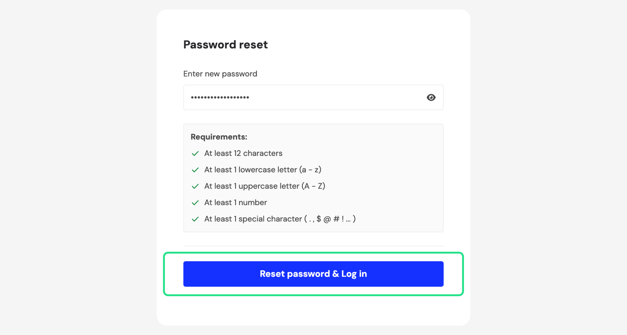 Password reset page with Reset password & Log in highlighted