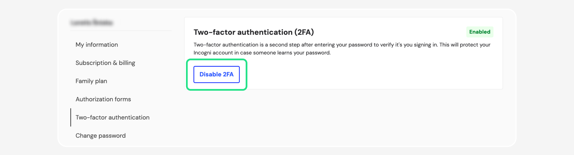 Two-factor authentication page with Disable 2FA highlighted