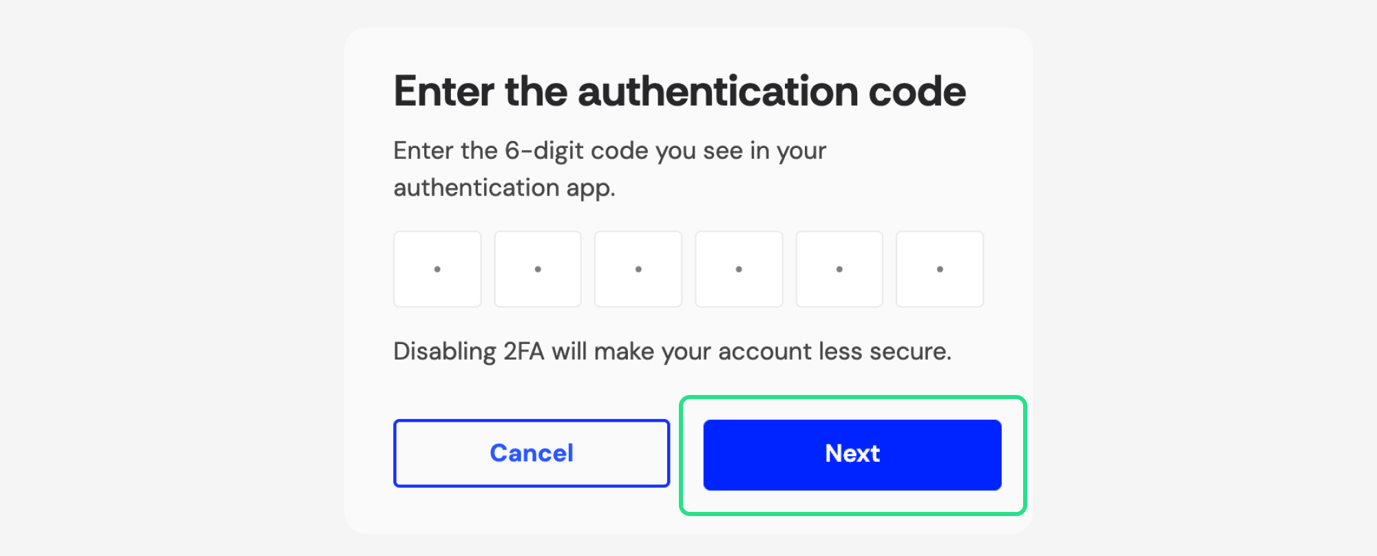 Enter the authentication code dialog with Next highlighted