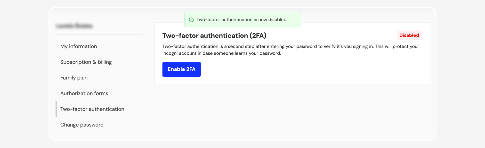 Two-factor authentication page showing Two-factor authentication is now disabled