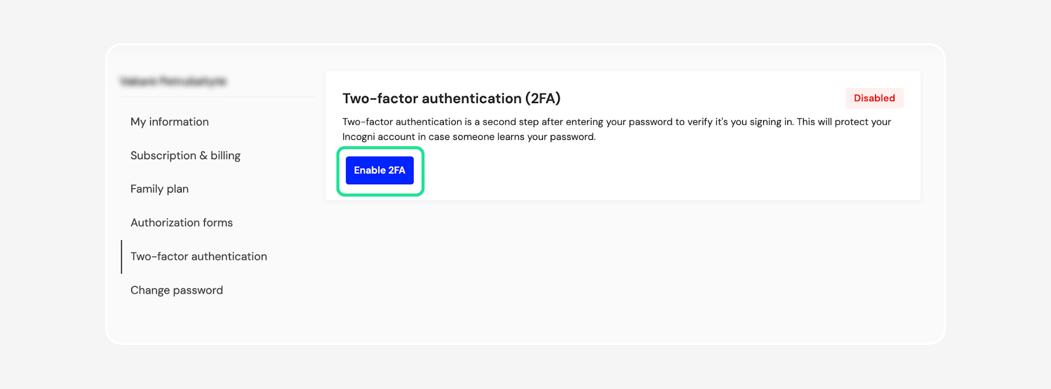 Two-factor authentication page with Enable 2FA highlighted
