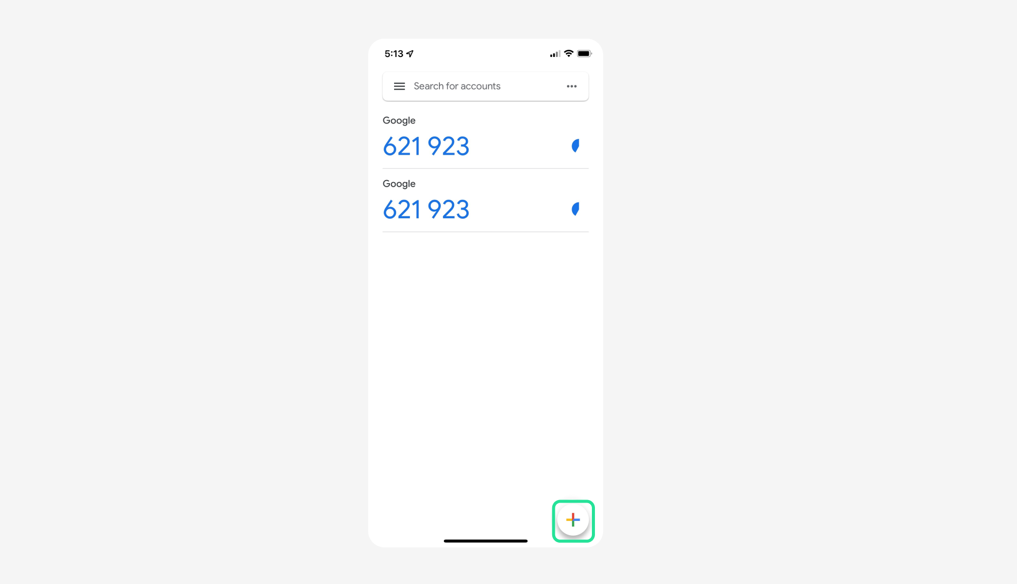 Google Authenticator app with Add plus button highlighted