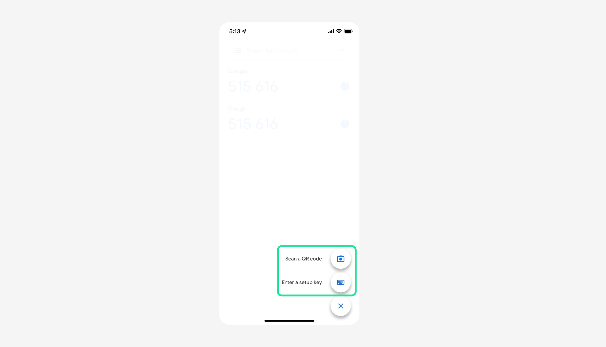 Google Authenticator add menu with Scan a QR code and Enter a setup key highlighted