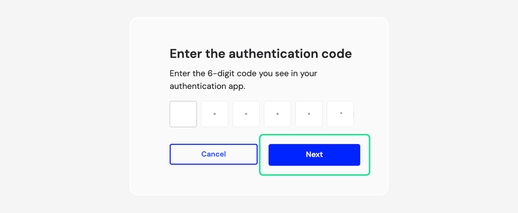 Enter the authentication code dialog with Next highlighted