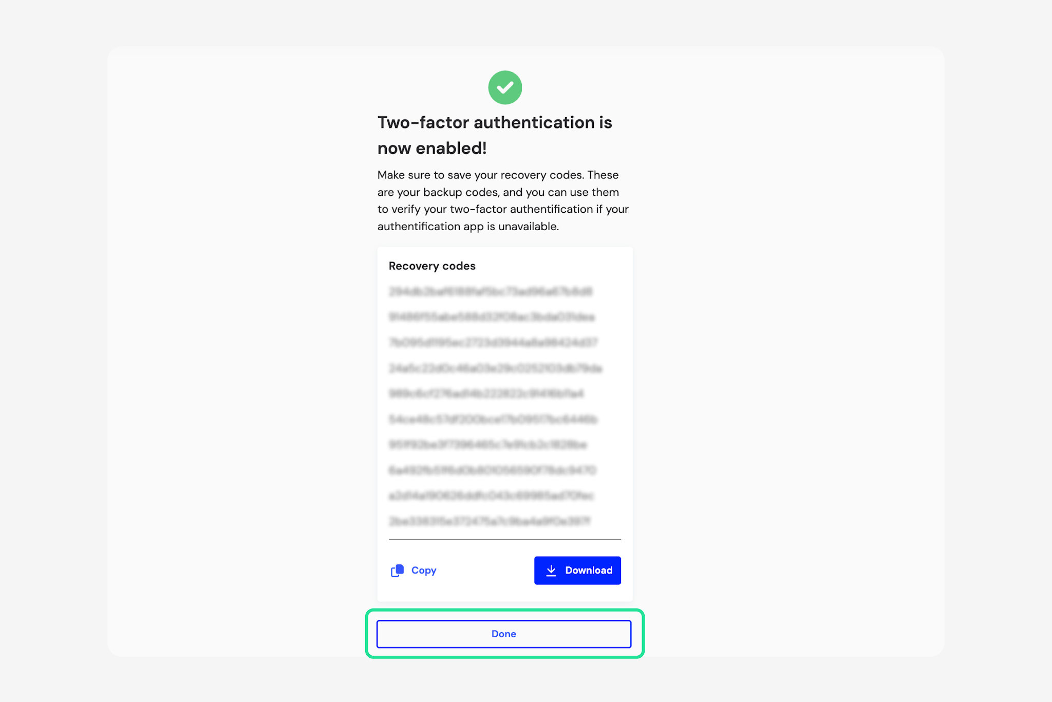 Two-factor authentication is now enabled screen with Done highlighted