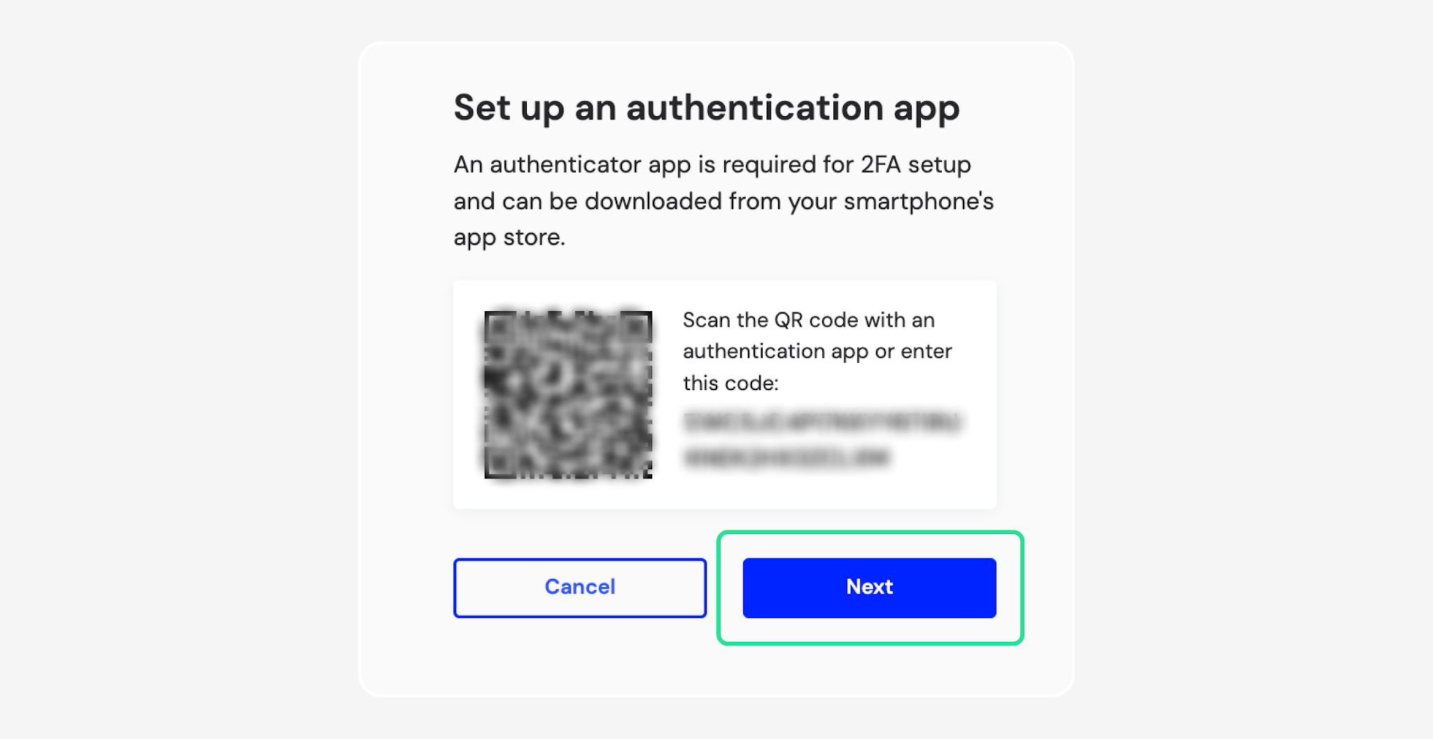 Set up an authentication app dialog with Next highlighted