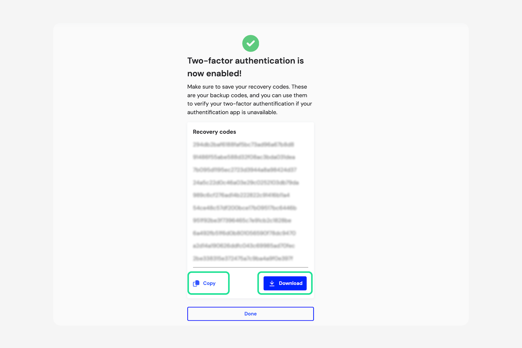 Two-factor authentication is now enabled screen with Copy and Download highlighted